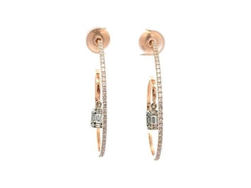 18K Rose Gold Large Hoop Earrings with Dangling Natural Baguette and Round Diamonds